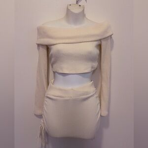 SHEIN Cream Ribbed Off-Shoulder Crop Top & Mini Skirt Set